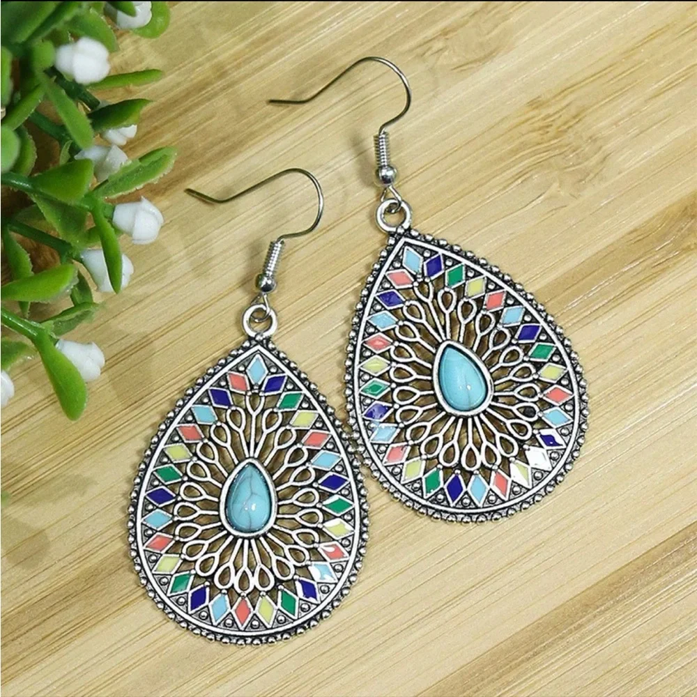 (Last 1) Bohemian vintage style turquoise stone drop earrings boho country aztec - Picture 1 of 5